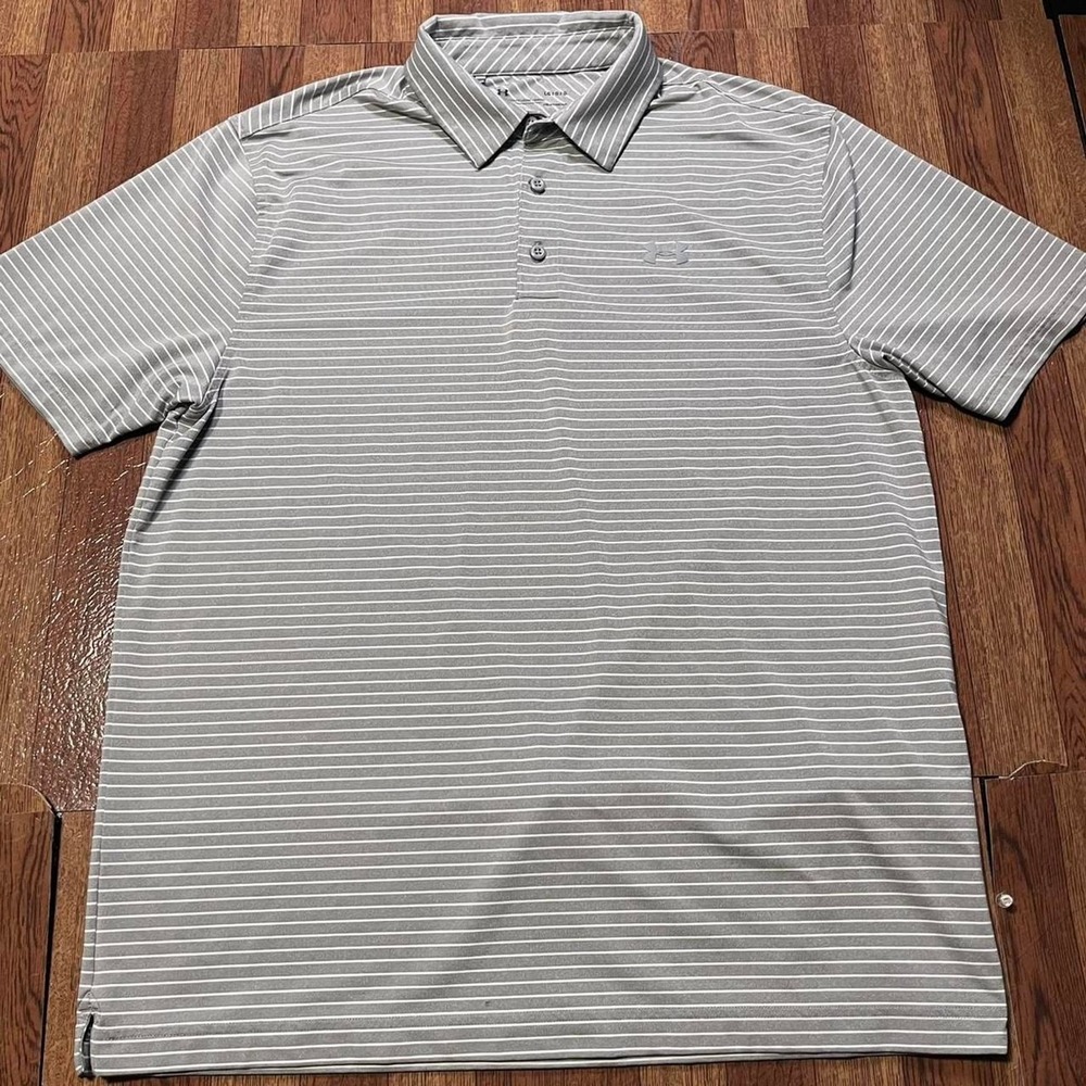 Under‎ Armour Grey White Striped Heat Gear Retro Golf Polo Button Shirt L